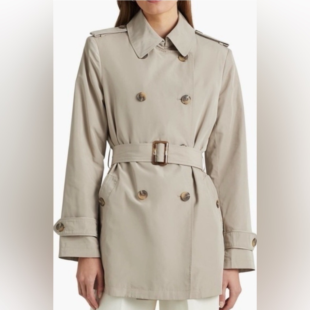 Lauren By Ralph Lauren Belted Taffeta Trench Coat (Khaki Taupe Beige) - L/Xl